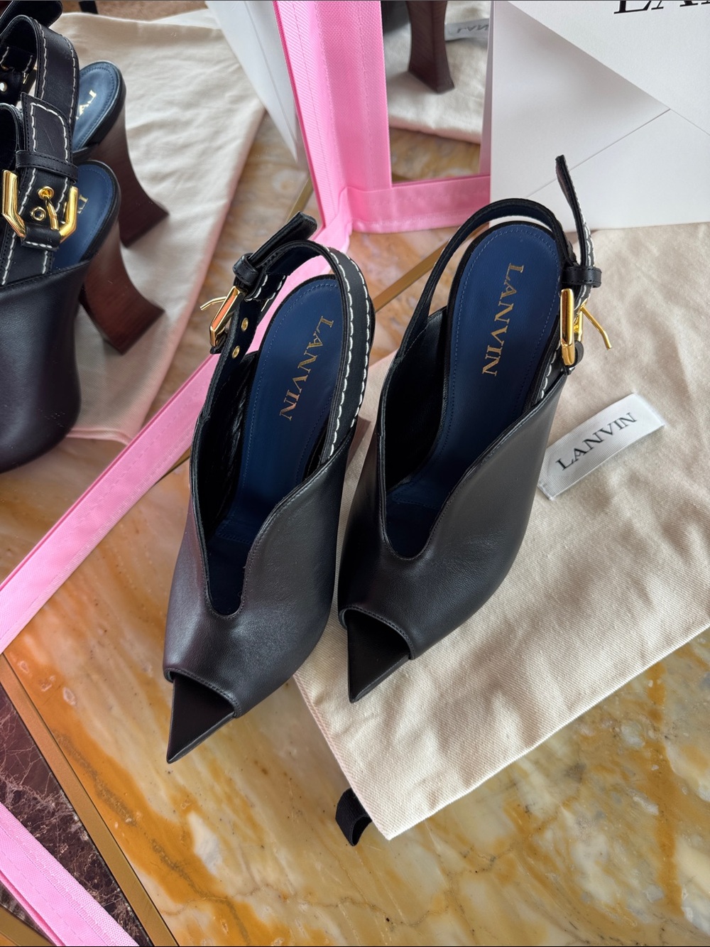 Lanvin Black Leather Pointed Slingback Mules with Gold Buckle
